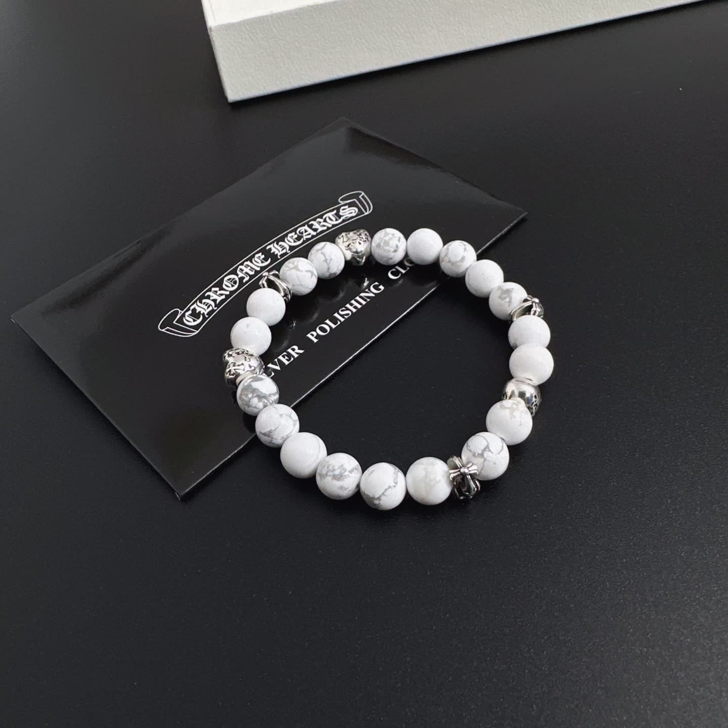 Chrome Hearts White Marble Bead Bracelet with Silver Accents